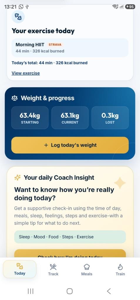 RISE app Today dashboard — daily calorie summary, weight log and coach insight