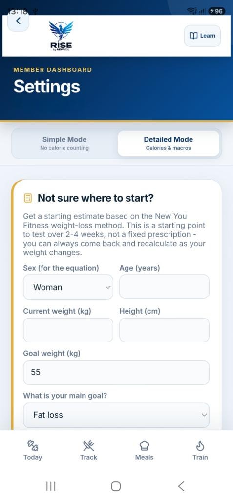 RISE app Settings calculator — personalised calorie and macro goal setup
